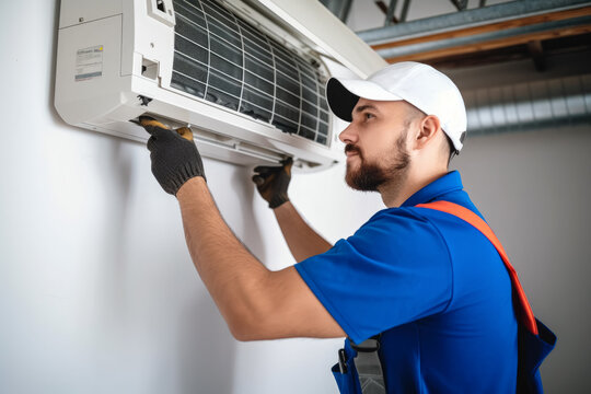 Air conditioning technician servicing a wall-mounted AC unit in Bullhead City, AZ