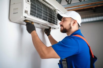 360_F_621046421_Vcay4nYa8ozdeodOQVDfES6MRrC6N3b8 Air conditioning technician servicing a wall-mounted AC unit in Bullhead City, AZ